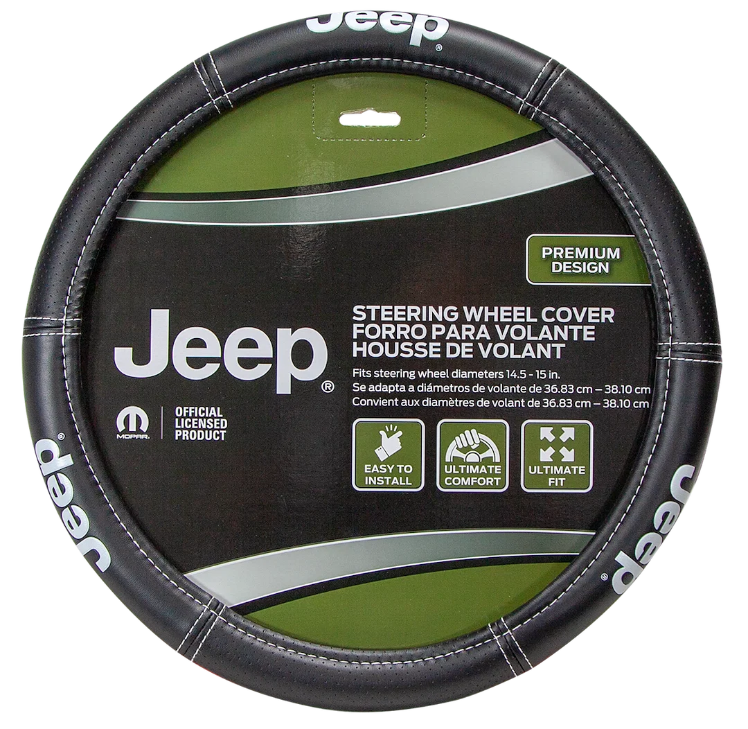 006695R01 – PLASTICOLOR Steering Wheel Cover, For 14.5 To 15.5 Inch Wheels Deluxe Jeep Logo Black Vinyl